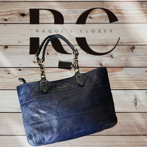 PRE-LOVED COACH TRIBECA BLUE LEATHER EAST WEST CHAIN SHOPPER TOTE BAG